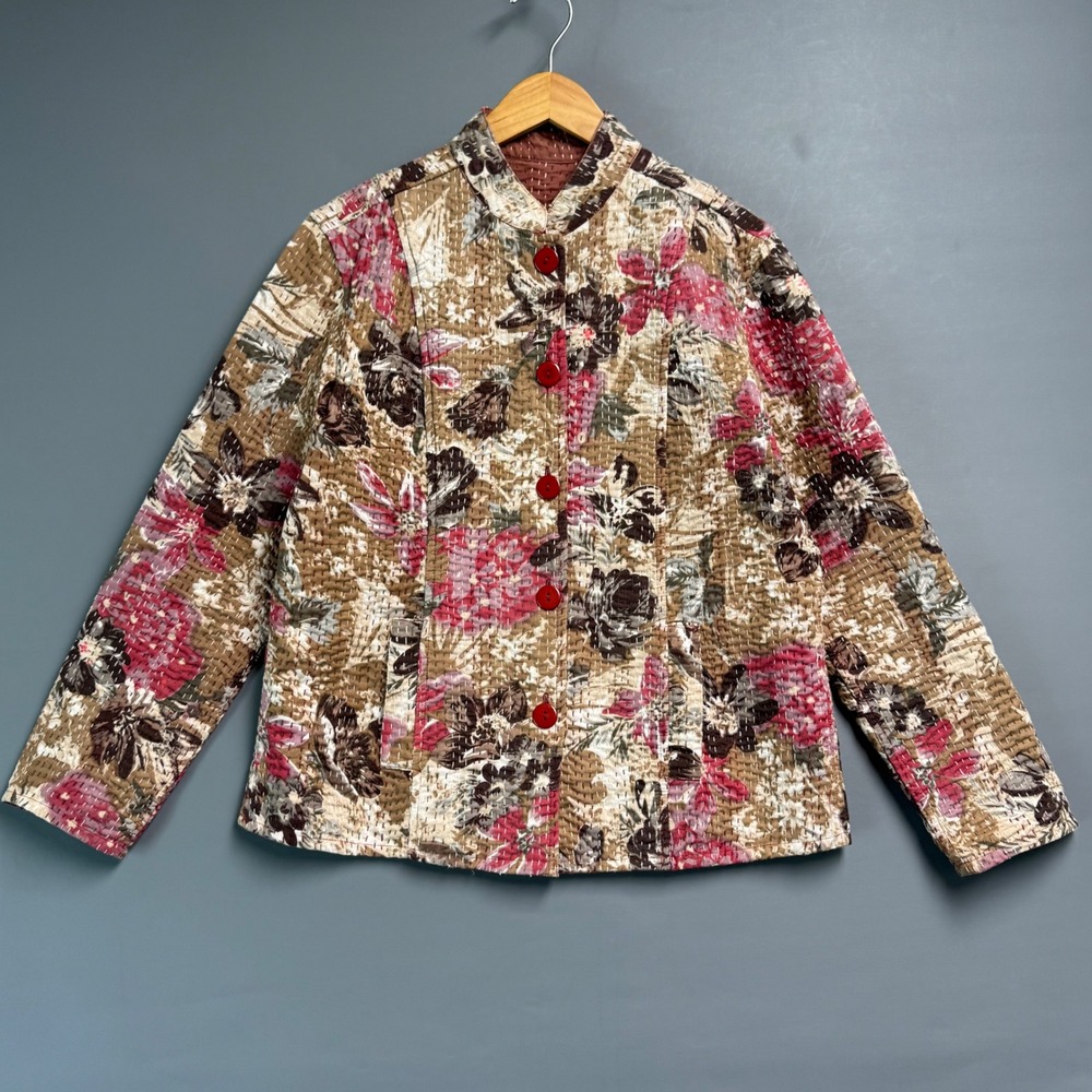 Casual Studio Reversible Quilted Kantha Jacket Floral Terracotta Cotton Size M